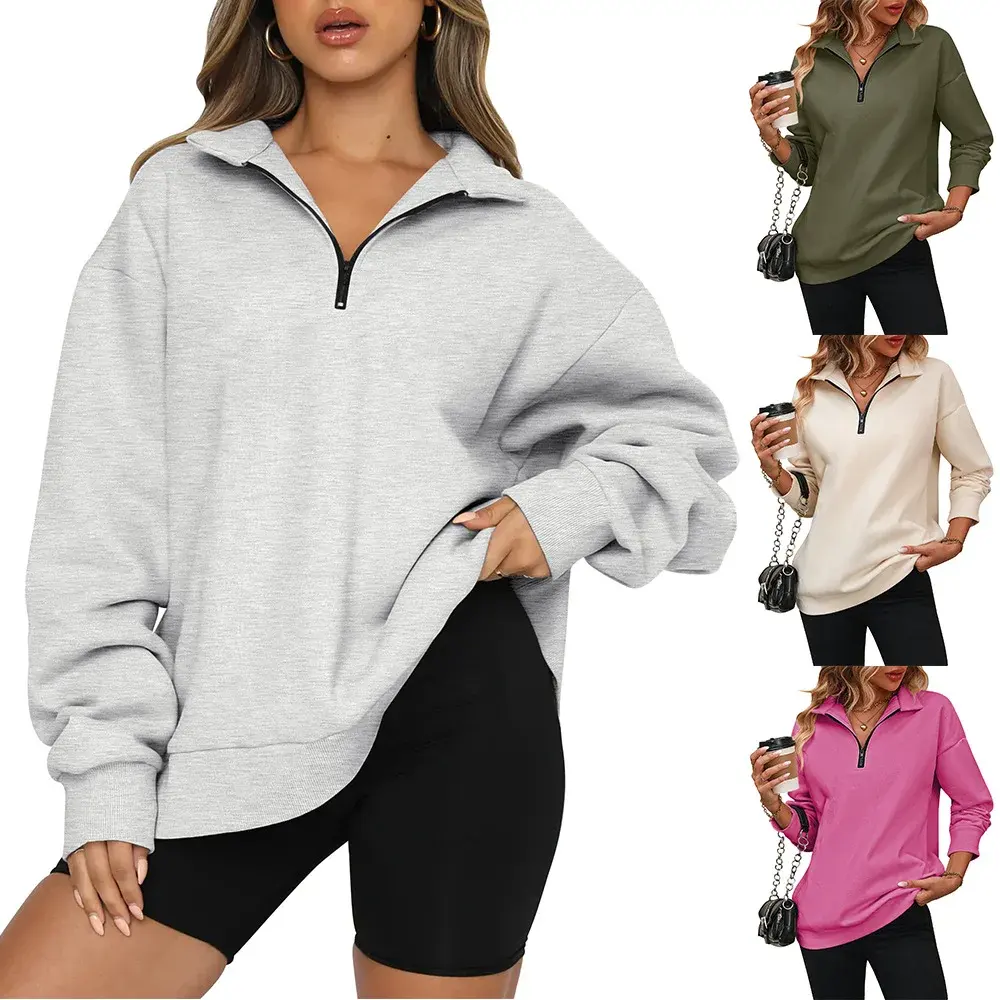 Atacado Moda Outono Womens Metade Zip Pullover Oversized Loose Casual Hoodie Sweater