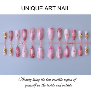 24 pièces de faux ongles en amande plaqués or transfrontaliers, sculpture florale 3D, style semi-fait main haut de gamme, doux et luxueux - Product Image 2