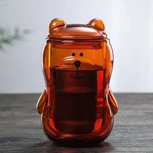 39Years Factory Multiple Color Bear Double Walled Glass Coffee Mug Heat Resistant Glass Cups 300ml Capacity