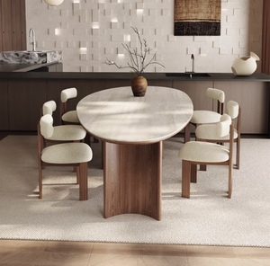 Juego de Comedor Extensible con Mesa Ovalada de Mármol y Madera Beige y Sillas para Uso en Casa, Apartamento o Villa - Product Image 2