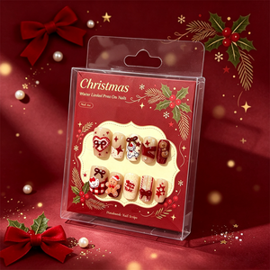 Ongles à presser de Noël et d'hiver, édition limitée, courts carrés, faits main, motifs Bonhomme en pain d'épices, Bonhomme de neige, Nœud, réutilisables, en ABS, style dessin animé, 10 pièces - Product Image 3