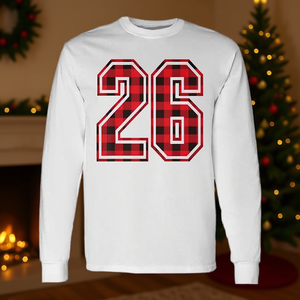 Maglietta a maniche lunghe natalizia a quadri rossi numero 26, stile jersey unisex - Product Image 3