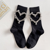 Chaussettes tendance en coton noir avec strass brillants en forme de cœur pour femmes et filles, chaussettes fantaisie originales