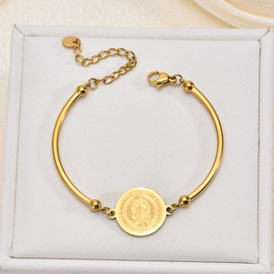 Nuovo Design Bracciale da Donna in Acciaio Inossidabile Placcato Oro 18k Lucido con Totem Religioso della Vergine Maria, Braccialetto Cristiano - Product Image 5