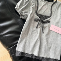 T-shirt coréen en coton à col en V, deux pièces, gris, à manches bouffantes et courtes, pour femme, nouvelle collection été 2026, élégant, amincissant et ajusté