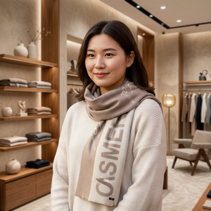 100% Mongolian Cashmere Scarf/<b>Shawl</b> Jacquard Women's 070x180 cm Natural Shade Light Beige Ecru White Letter Elegant Winter - Product Image 3