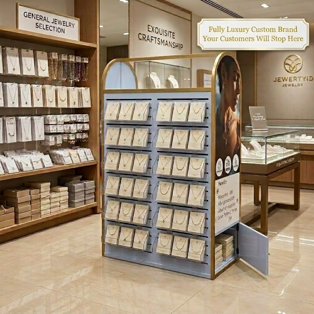 Custom Floor Standing Metal Jewelry Display Stand Rack with Acrylic Bins and Brand Graphics for Retail Store — view 2
