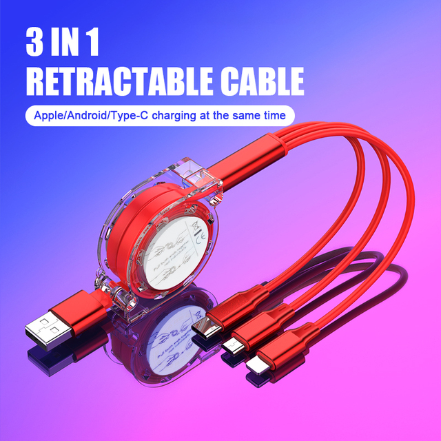 Free Sample Hot Sale 2.4a Fast Charging 3 in 1 Retractable Data Usb Fast Phone Charger Retractable Cable Type c