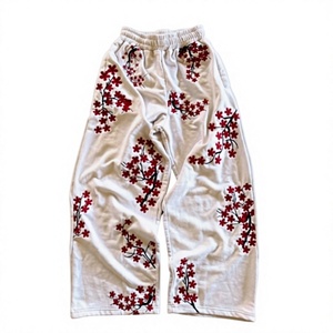 Pantalones Anchos Blancos para Hombre GENERSA SPORTS, Diseño de Flores de Cerezo Rojas, Cintura Elástica, Casuales, de Verano, Algodón de Peso Medio, Antiarrugas - Product Image 1