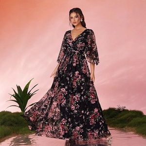 <span class=keywords><strong>Falda</strong></span> Larga <span class=keywords><strong>de</strong></span> Verano con Estampado Floral <span class=keywords><strong>de</strong></span> Chifón, Estilo Francés, con Cuello en V, Ajustada, con Abertura Lateral <span class=keywords><strong>de</strong></span> Encaje, Retro y a <span class=keywords><strong>la</strong></span> Moda para Mujer Europea y Americana - Product Image 3