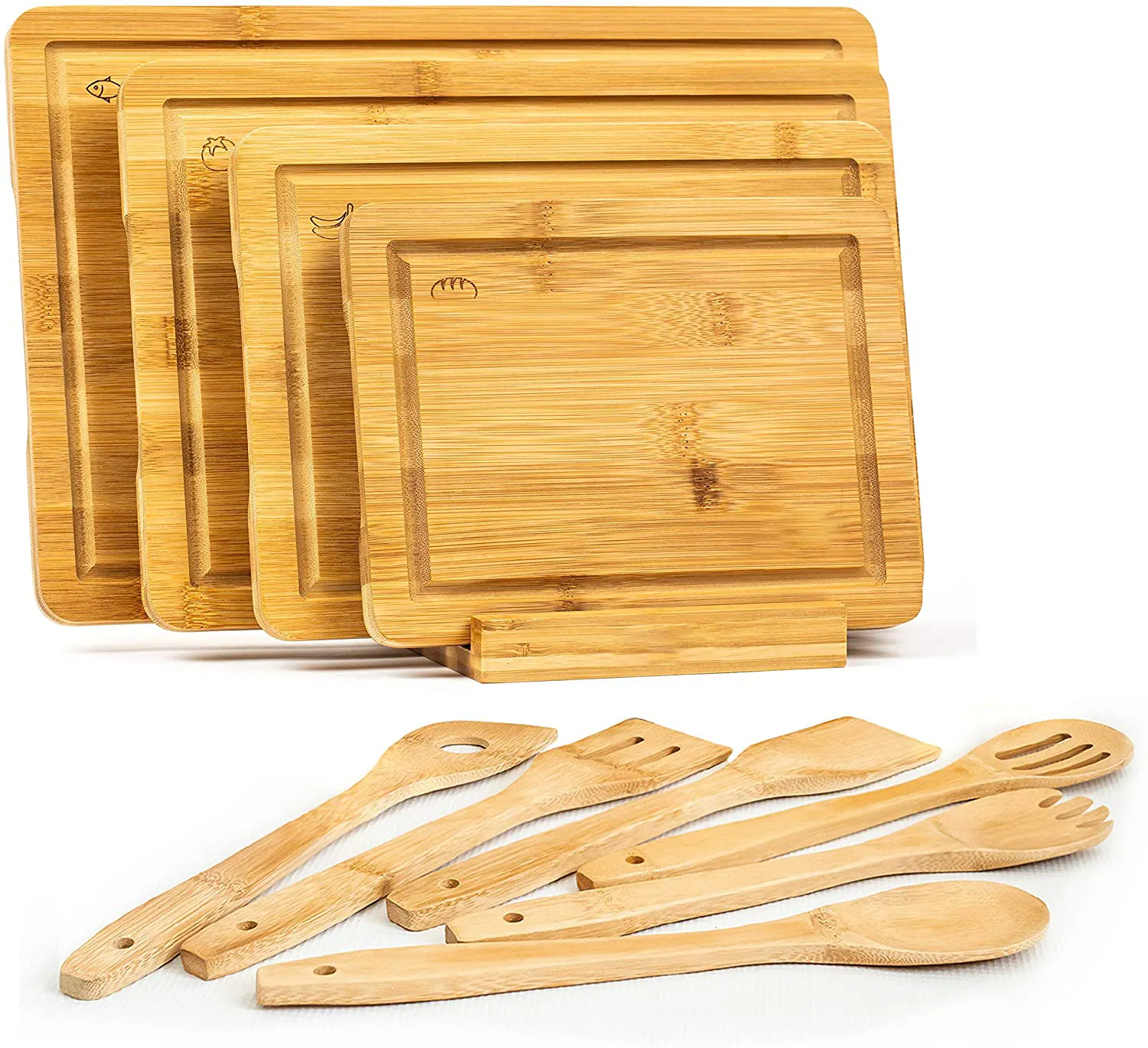 Amazon Hot Sell Bamboo Wood Cutting Board Set With Holder Utensil For Kitchen