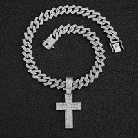 NOUVEAU Collier chaîne Miami glacée de 15 mm de largeur avec pendentif double croix en alliage hip-hop et strass