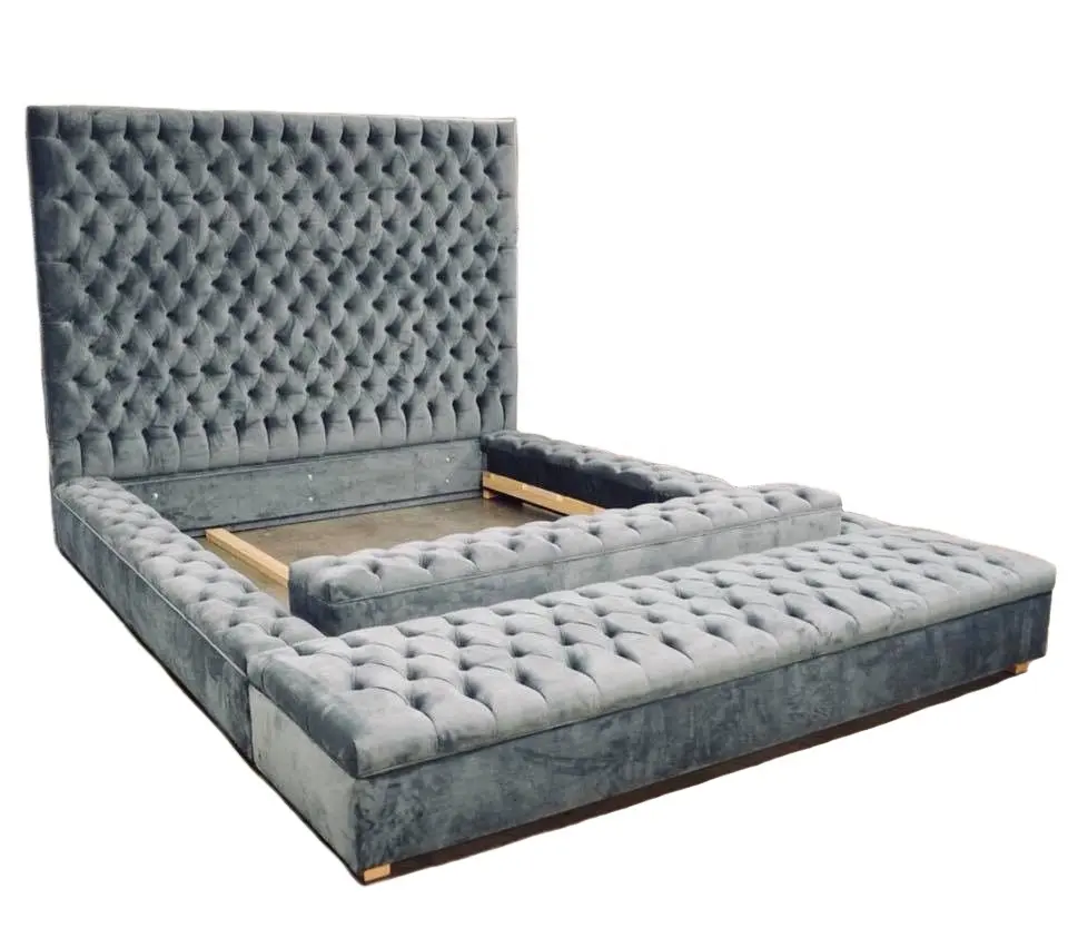 Nieuw Design Modern Houten Frame Fluwelen Getufte Bekleding Bed Met Opslag.