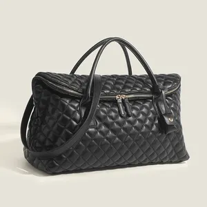 Diamond Lattice Luxury Executive Cow Leather Duffle Bag Set Custom Real Leather Weekender Duffel For Women