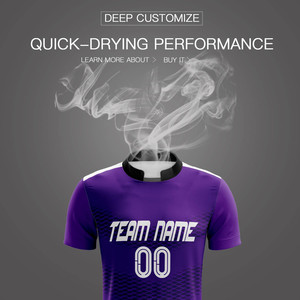 Kits de football personnalisés en gros, imprimés, 100% polyester, col en V, séchage rapide, violet et noir, avec noms et numéros d'équipe - Product Image 6