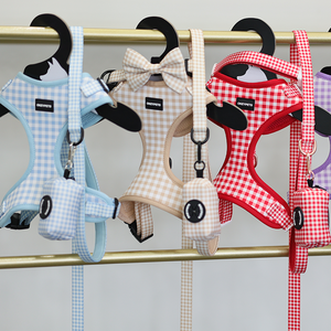Okeypets-Conjunto de arnés y <span class=keywords><strong>collar</strong></span> de correa para perros pequeños, medianos, sin tirones, sin estrangulamiento, reflectante, ajustable, a cuadros - Product Image 1