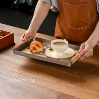 Plateau de service en acier inoxydable de qualité commerciale avec poignée en bois pour buffet, hôtel, restauration, bar et fêtes