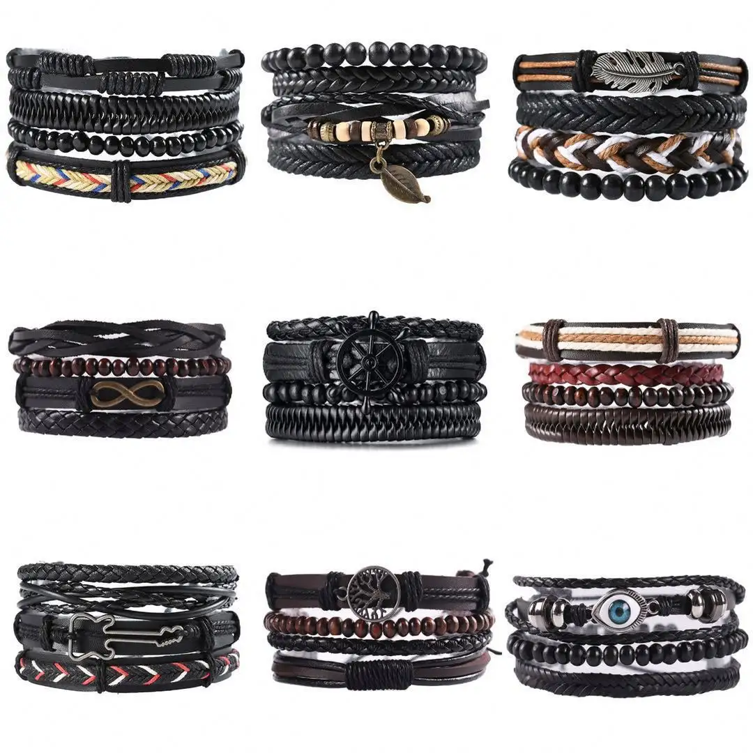 4Pcs/ Set Braided Wrap Leather Bracelets for Men Vintage Life Tree Rudder Charm Wood Beads Ethnic Tribal Wristbands T1116