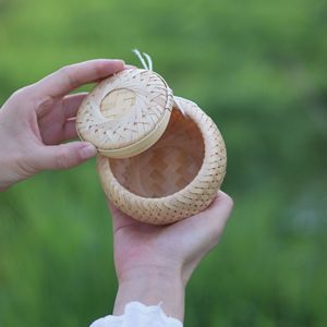 Bamboo Woven Storage Box Round Handmade Craft Gift For Tea Or Small Items - Product Image 2