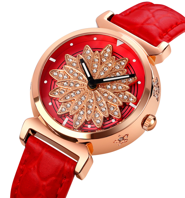 SKMEI Flower Diamond 306 Rotating Hollow Creative Dial Leather Strap Reloj Mujer Sports Waterproof Quartz Hand Watches for Women