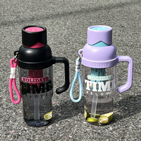 Botol Minum Plastik Motif Bunga, Portabel untuk Musim Panas, Kapasitas Besar dengan Pegangan & Tali
