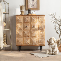 Buffet en bois rustique artisanal antique avec 8 tiroirs, structure métallique industrielle, console d'entrée pour salon
