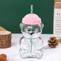 Vaso de vidrio de borosilicato alto con forma de oso, tapa con pajita y gorro, botella portátil para bebidas heladas, jugos y agua para niños, ideal para la vuelta al cole.