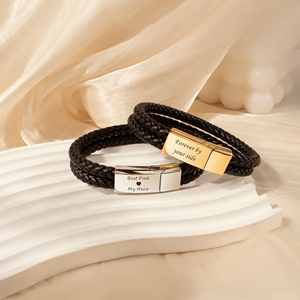 Bracciale in Pelle con Doppio Cinturino e Incisione Personalizzata, Acciaio Inossidabile Intrecciato a Doppio Strato, Regalo Personalizzato per la Festa del Papà - Product Image 1