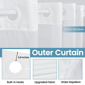 Rideau de douche double couche blanc gaufré avec doublure à clipser, sans crochets, en polyester texturé, imperméable pour salle de bain - Product Image 4