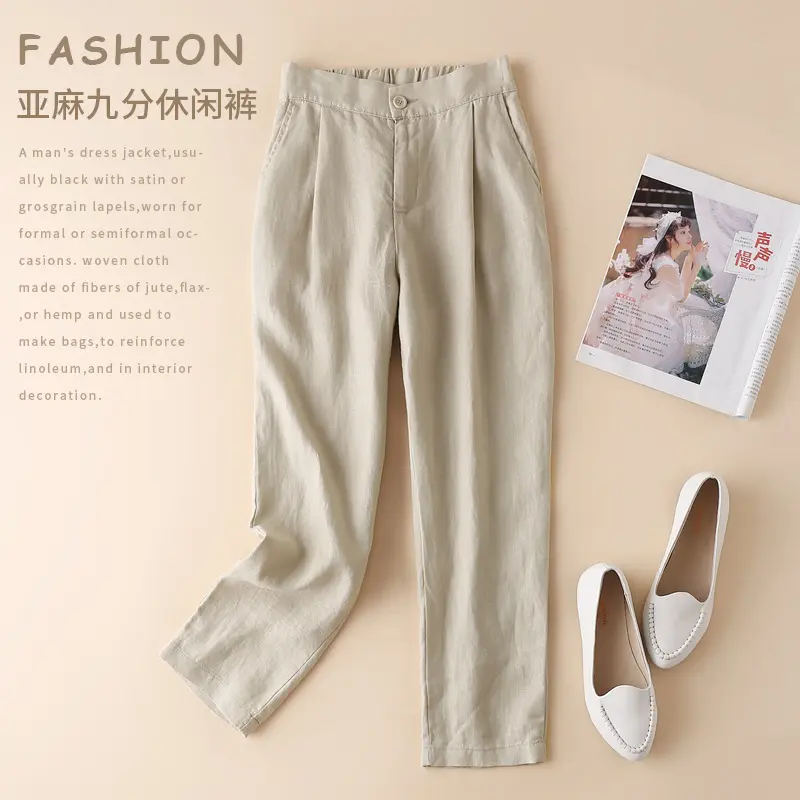 Cotton Hemp Ankle-Length Pants Women's Summer Elastic Waist Casual Office Linen Pants 3XL