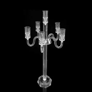 Candelabros de cristal transparente para mesa de casamento, candelabros com vários braços, coluna central para casamento por atacado