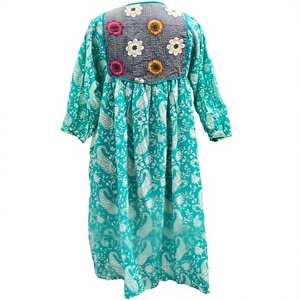Vestido Maxi Anarkali Floral Turquesa 100% Algodón con Cuello Atado, Cintura Imperio, Silueta en A, Mangas Holgadas, Ajuste Relajado, Casual - Product Image 4