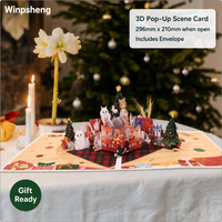 Tarjeta de Navidad 3D Pop-up con Gato y Luz LED WINPSHENG, Certificación FSC, Logotipo Personalizado OEM, Proveedor de Tarjetas de Felicitación para Pedidos al por Mayor