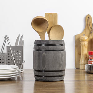 Rustic Gray Wood Eco-Friendly Kitchen Cooking Utensil Holder Wine Barrel Design Countertop Cooking Baking Tool Corck Ningbo Port - Product Image 3