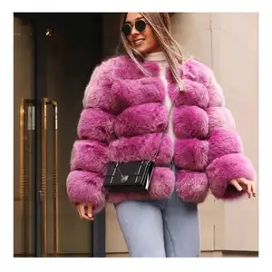 Grosir Mantel Bulu Asli Klasik Wanita Elegan Hot Pink Fox Bulu Lengan Penuh Jaket Bulu