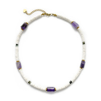 Collier Bohème en Améthyste DIY, Collier Perlé Coquillage Blanc, Bijoux en Acier Inoxydable Étanche Plaqué Or 18K, Collier Personnalisé pour Femme