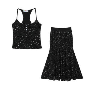 Ensemble jupe sirène à taille élastique et haut court dos nu à pois Runqi, noir, grande taille, tenue de soirée - Product Image 1