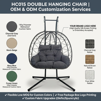 Fauteuil suspendu double en rotin tressé avec support et coussin, chaise longue balançoire pour jardin, terrasse et balcon