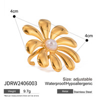 MECYLIFE Bague de luxe en acier inoxydable plaqué or 18 carats, épaisse, étanche, avec fleur de perle, ouverte et ajustable pour femme
