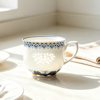 RED LEAF CERAMICS Set Cangkir dan Piring Porselen Motif Bunga Tradisional Cina 2-Piece dengan Pegangan 200ml Ramah Lingkungan Tahan Lama Tahan Panas