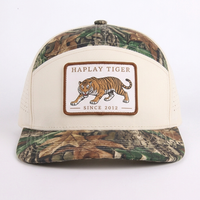 Gorra de béisbol tipo camionero Snapback con parche tejido personalizado OEM al por mayor, de 7 paneles, con visera plana, impermeable, corte láser, camuflaje de dos tonos
