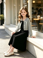 Herbst Kinder Mädchen Kleidung 2-teilig Gestrickter Gerippter Schleifen-Crop-Cardigan mit Langen Ärmeln und Kleid Teenager-Kleidung