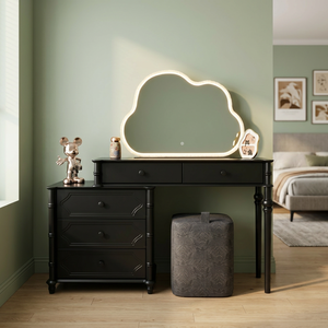 Modern Black Makeup <b>Vanity</b> Table with <b>Lighted</b> Cloud <b>Mirror</b> and Storage Drawers for Bedroom Furniture - Product Image 4