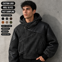 Jaket Hoodie Pria Model Crop Berbahan Kulit PU Imitasi dengan Panel dan Gesper, Desain Logo Kustom, Ukuran Oversize, Gaya Bomber