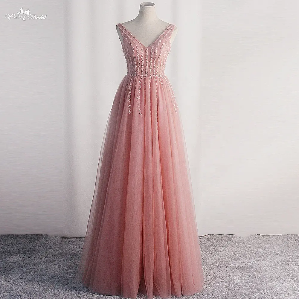 LZF129 Grace Kralen Prom Dress V-hals Licht Roze Zachte Tule Mouwloze Avondjurken A-lijn Lange Jurken Voor Vrouwen