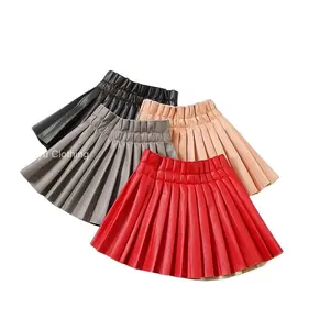 Плиссированная юбка из искусственной кожи для девочек 2-15 лет, короткие однотонные юбки с эластичным поясом для маленьких девочек, плиссированная юбка