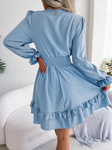 Mousseline de soie à manches longues robe d'été pour les filles <span class=keywords><strong>elle</strong></span> en robes Sexy à lacets nœud col en v volants Mini tenue décontractée - Product Image 6