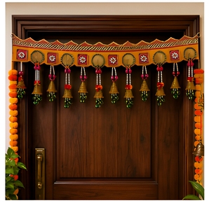 Traditional Indian Toran <b>Door</b> Hanging with <b>Beaded</b> Tassels and Bell Decor for Diwali Entryway Home Decor - Product Image 1