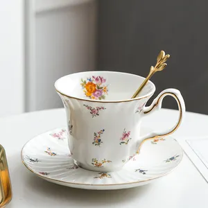 High quality new gold color rim porcelain mug cup coffee luxury white ceramic bone china tea cup and saucer set for gift