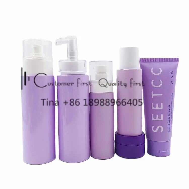 Paars Huidverzorging Set Verpakking Voor Lege Custom Lotion & Toner Pomp Flessen Plastic Container Cosmetische 10G Zalfpotje